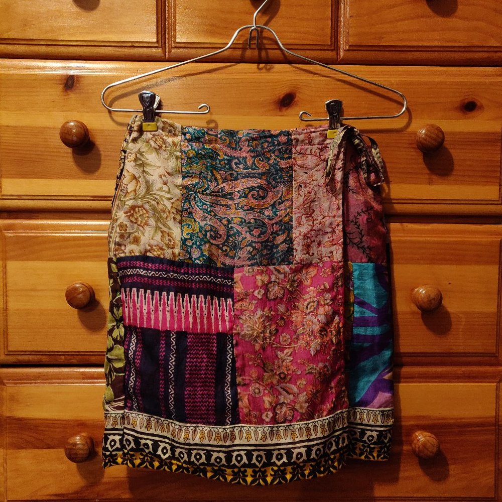 Magazine Silk Patchwork Wrap Mini Skirt, Small